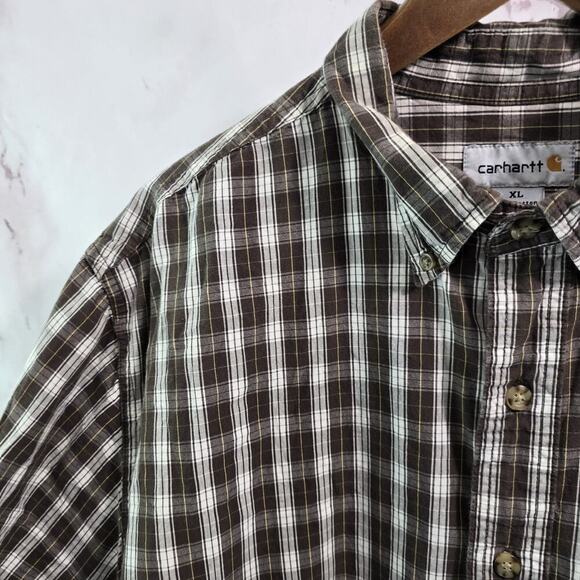 Carhartt Shirt Mens XL Brown White Short Sleeve Button Up Plaid Collared Cotton - Picture 2 of 11